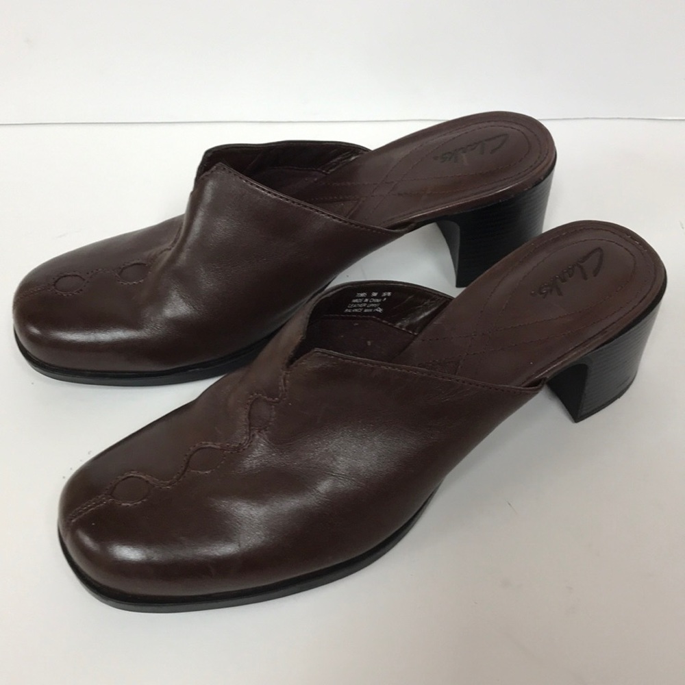 Clarks Brown Leather Mules Block Heels Sz 9M